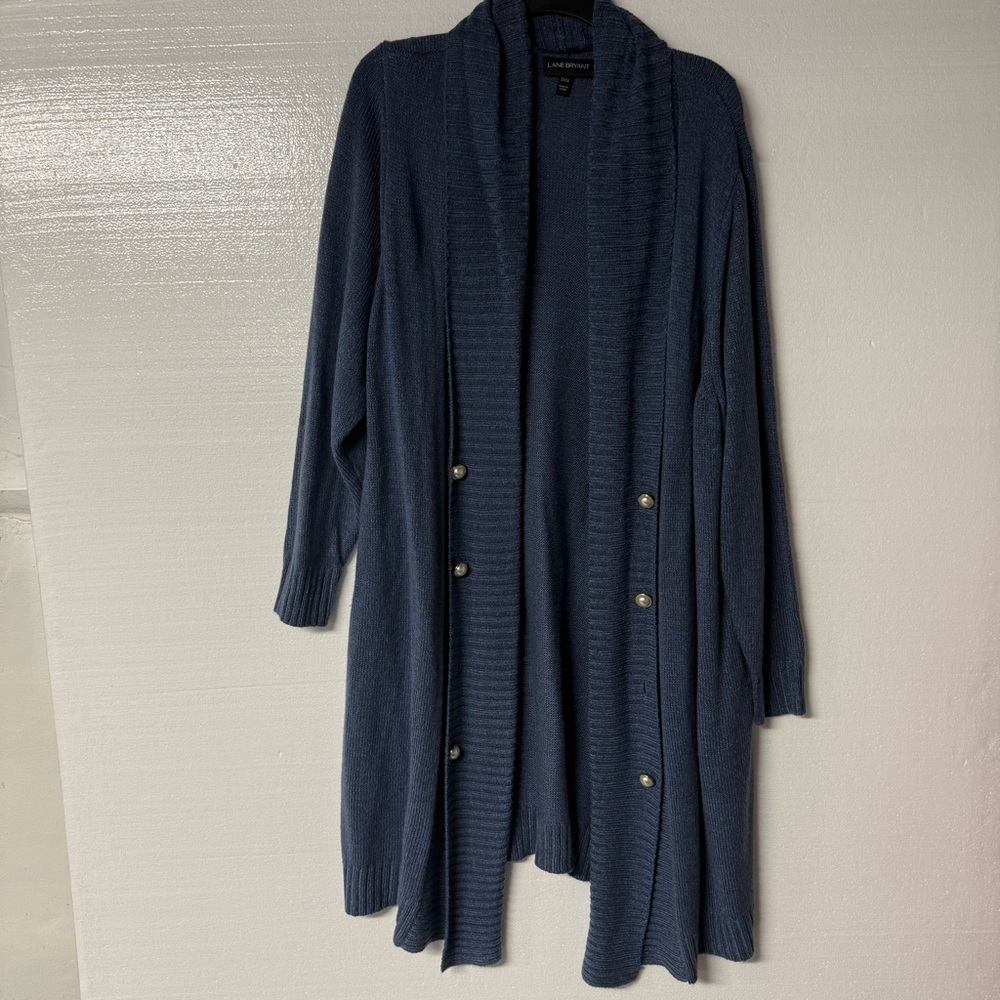 Lane Bryant Cardigan Women Plus 22 Blue Gold Pearl Button Open Front Ribbed Long